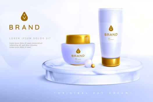 Pearl natural cosmetics 3d vector realistic illustration. Jar and plactic tube with golden lid with reflection on round marble podium stage. Anti-aging cream or organic lotion formula for healthy skin