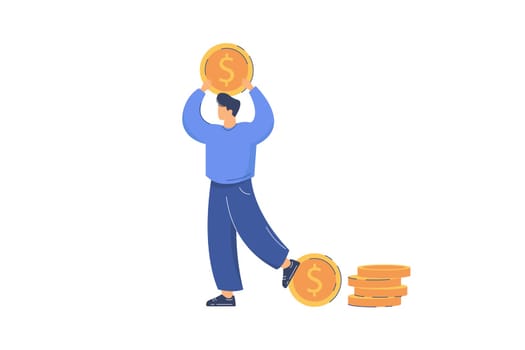 Flat happy man holding golden coin above head. Rich person with cash gold coins. Concept of invest money and increase income.
