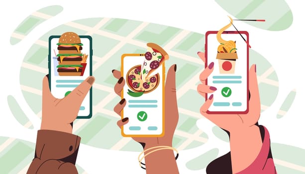 Flat human hands hold smartphone with mobile app for ordering fast food at home or take away. Online service for order asian and italian meals. Pizza, burger and wok box with noodles delivery.
