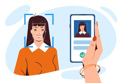 Facial recognition technology. Smartphone in woman hand with application for identity detection. Mobile with scanner app for scan face ID. Biometric identification and personal verification concept.