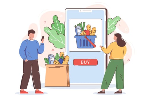 Flat people order food online. Grocery shopping from mobile application. Internet purchases with home delivery from supermarket store. Smartphone screen with buy button and basket full of products.