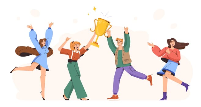 Flat happy young people holding golden trophy. Group of joyful winners with champion cup celebrate victory win, rejoice of success together. Competition champions hold goblet. Team achievement award.