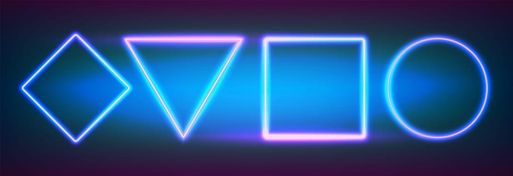 Realistic neon set frames different geometric shapes with led backlighting. Glowing fluorescent border on dark background. Bright illuminated shape of triangle, square, circle and rhombus form.