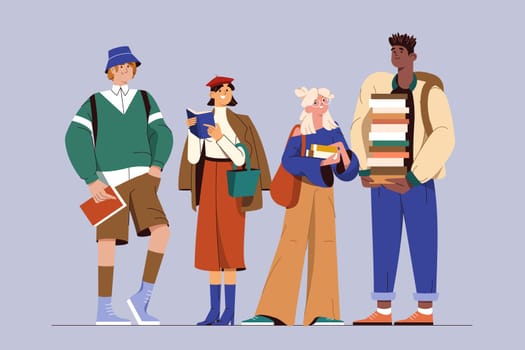 Flat group of young smiling college or university students with books and backpacks standing together. Diverse teenagers in modern clothes. Happy multicultural people, cheerful teen girls and guys.