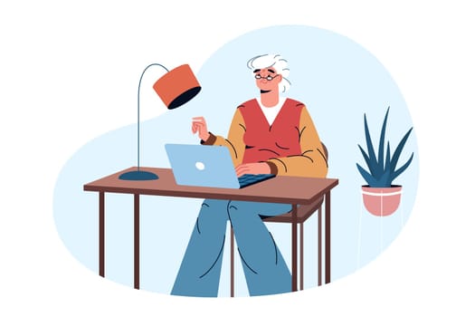 Flat happy elderly woman working online at home. Old age pensioner sitting with laptop at the table and surfing on the internet. Older lady studying in distance education, shopping or communicating.