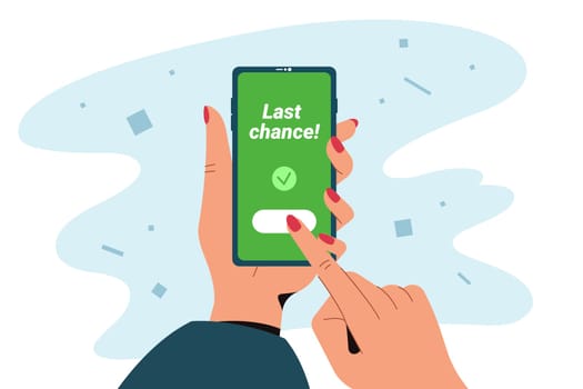 Last chance flat vector illustration. Human hand with mobile phone buy online at special best price. Final discount or mega sale concept. Advertising discounts or promotional offer. Smartphone message