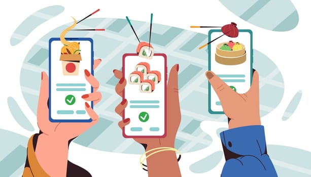 Flat human hands holding smartphone with mobile app for ordering fast food at home, office or take away. Sushi, manti and wok box with noodles quick delivery. Online service for order asian dishes.
