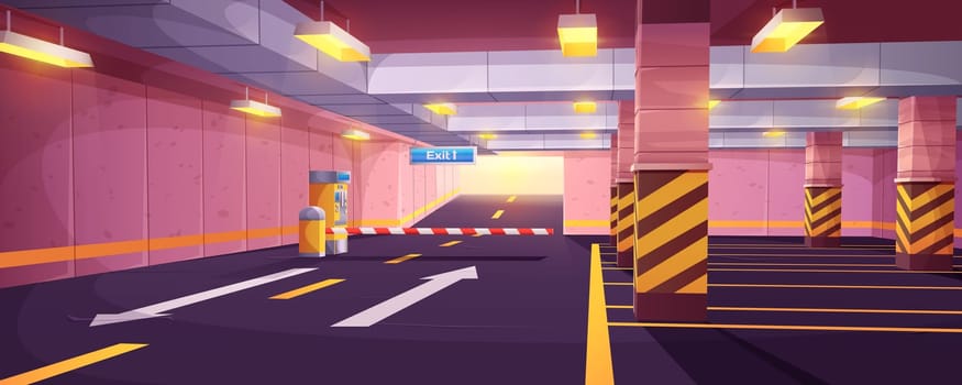 Cartoon empty underground with barrier to exit and car parking payment system. Indoor interior of garage in city shopping mall with marking road, auto park places, columns and guiding arrows on floor.