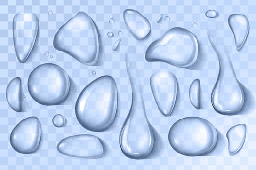 Vector realistic set of liquid droplet different shapes. Pure aqua flows, condensed water on cool glass surface. Closeup abstract fresh blue waterdrops isolated on transparent background.
