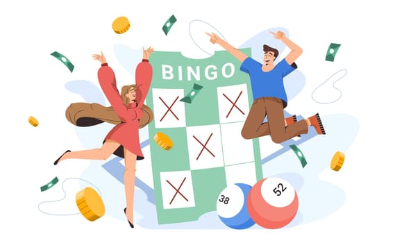 Flat happy people near bingo card with lucky ball numbers. Young excited characters with winning ticket of keno gambling game. Joyful lottery winners of lotto jackpot, casino gamble leisure.