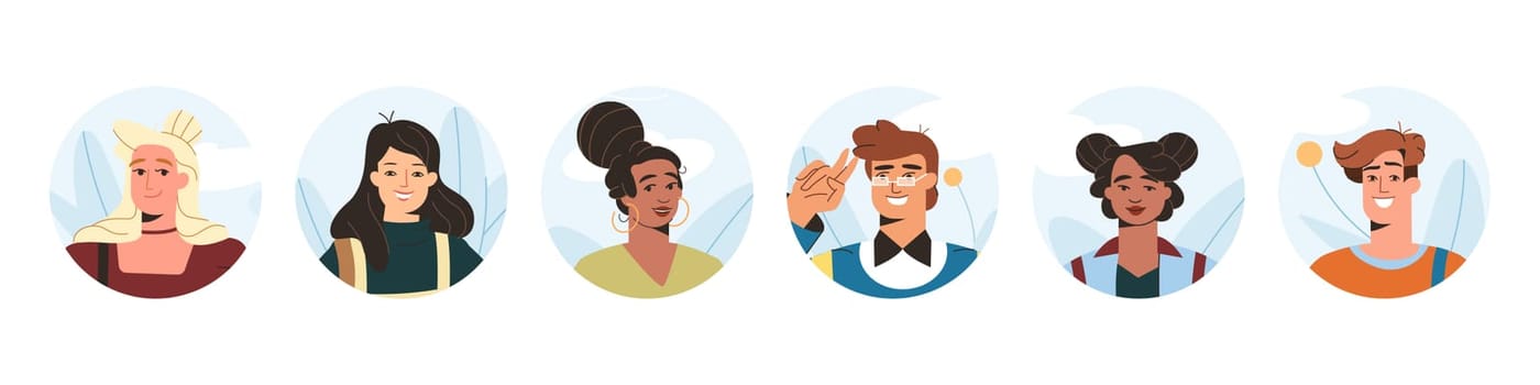 Set of smiling young people avatar. Happy man and woman faces at circle flat vector illustration. Different student characters portrait or joyful teenagers isolated on white background