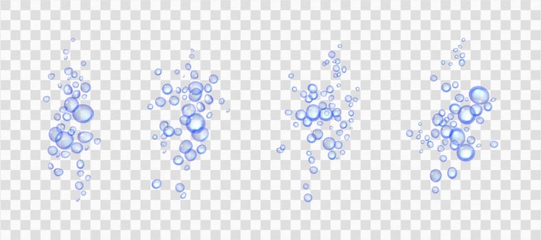 Effervescent water or oxygen fizz, blue air bubbles realistic 3d vector illustration. Moving underwater fizzing. Champagne or soda drink design elements isolated on transparent background.