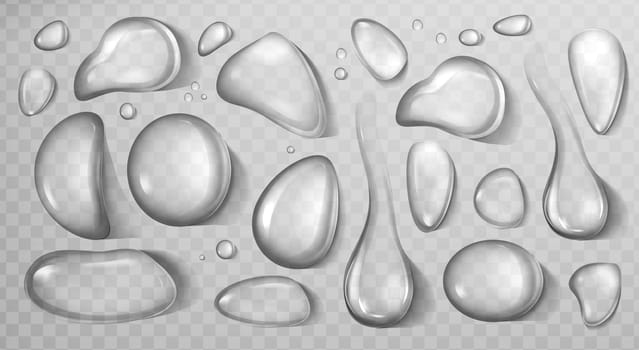 Vector realistic set of liquid droplet different shapes. Pure aqua flows, condensed water on cool glass surface. Closeup fresh water drops isolated on transparent background.