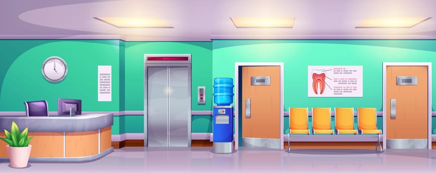Cartoon stomatology clinic or hospital. Interior of empty dental hall or waiting room with chair, elevator, reception and doctor office doors. Tooth treatment, oral care and teeth hygiene concept.
