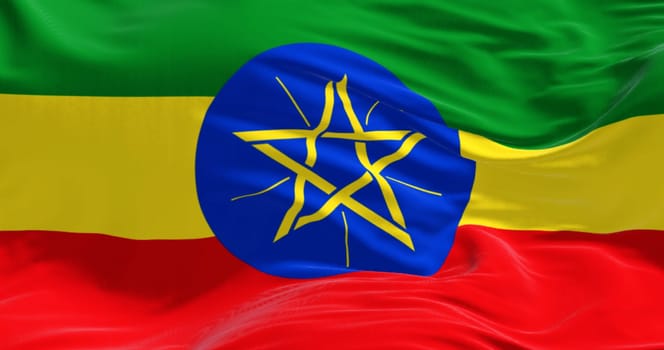Close-up of Ethiopia national flag waving in the wind. Horizontal bands of green, yellow, and red with the national emblem centered between them. 3d Illustration render. Fluttering fabric background