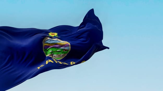 Kansas state flag waving in the wind on a clear day. Kansas is a state in the Midwestern United States. 3d illustration render. Rippled Fabric.