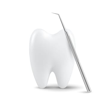 Vector 3d Realistic Tooth and Dental Probe for Teeth Closeup Isolated on White Background. Medical Dentist Tool. Design Template, Clipart, Mockup. Dentistry, Healthcare, Hygiene Concept.