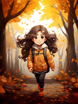Cartoon girl, a schoolgirl walking against the backdrop of an autumn landscape. AI illustration.