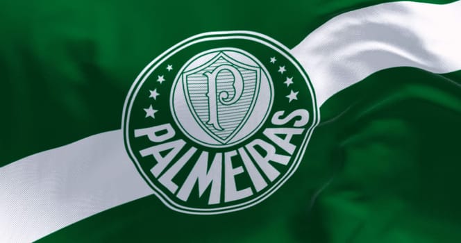 Close-up of Palmeiras football club flag waving in the wind on a clear day. Brazilian sports club, playing in the Brasileirao Serie A. Illustrative editorial 3d illustration render