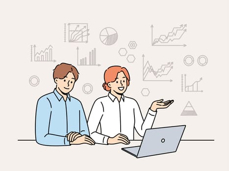 Business people are sitting at table with laptop, studying financial charts and graphs and using CRM software. Man and woman are participating in online meeting or discussing business indicators