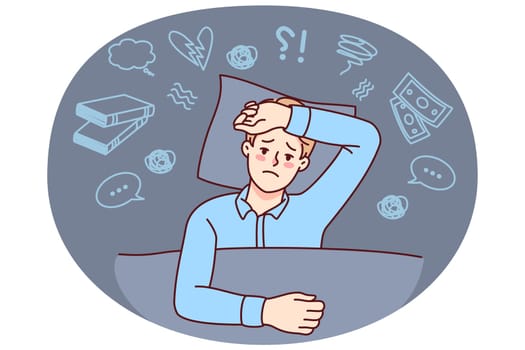 Unhappy man lying in bed suffer from insomnia overthinking. Stressed guy have sleepless night thinking too much. Vector illustration.