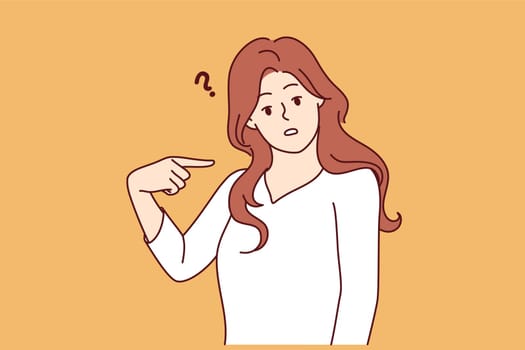 Embarrassed woman points finger at herself and looks puzzled at screen after hearing strange question. Embarrassed girl feels awkward because of incorrect statement or accusation against her