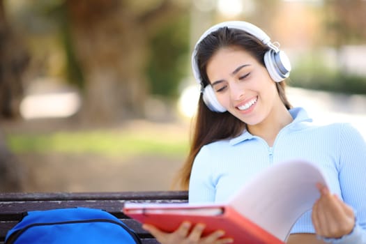 Happy student wearing headphone listening lesson in a park