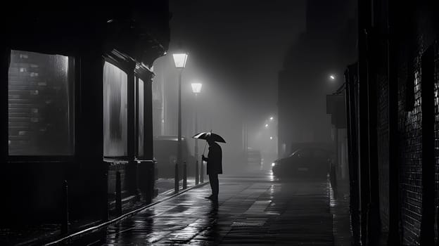 man under the rain with an umbrella walking in a dark street - black and white image