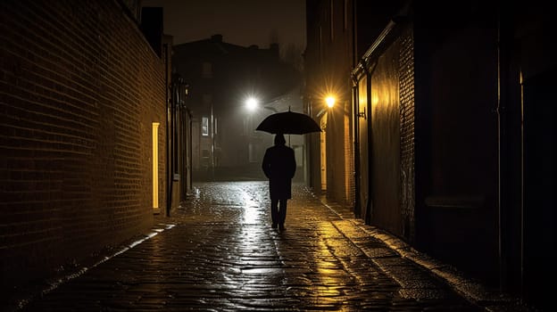 man under the rain with an umbrella walking in a dark street - black and white image