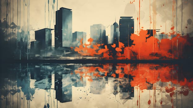 abstract painting of a city with skyscrapers and a tram - AI generative