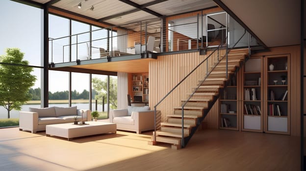 Luxury industrial living room with large glass wall - architectural design - generative AI