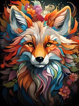 colorful fox head illustration with flowers - AI generative