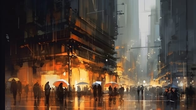 abstract painting of a city with skyscrapers and a tram - AI generative
