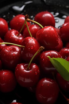 red cherries with water drops on black stone - closeup - AI generative