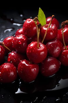red cherries with water drops on black stone - closeup - AI generative