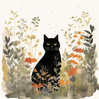 a black cat in a field of flowers - naive painting - AI generative