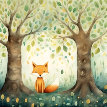 a naive illustration depicting a fox sitting in a forest - AI generative