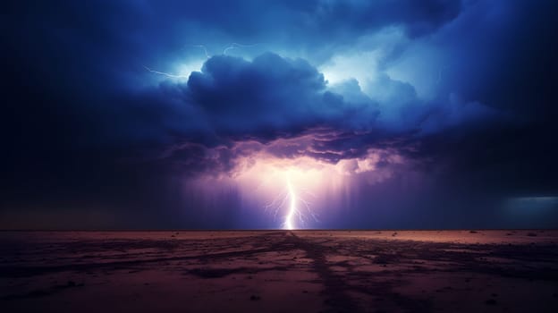 a lightning storm with dramatic clouds over a desert area - AI generative
