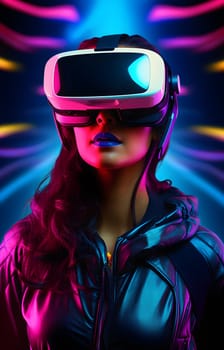 Beautiful young a woman wearing a virtual reality headset, neon colored glow - AI generative