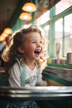 laughing cute little girl in a restaurant   AI generative