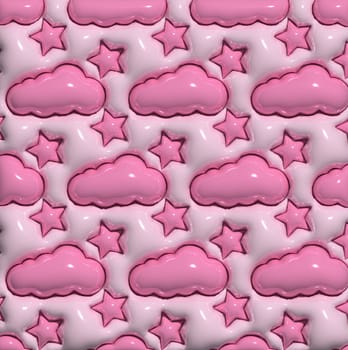 Abstract pink background with white puffy clouds and stars, 3D rendering illustration