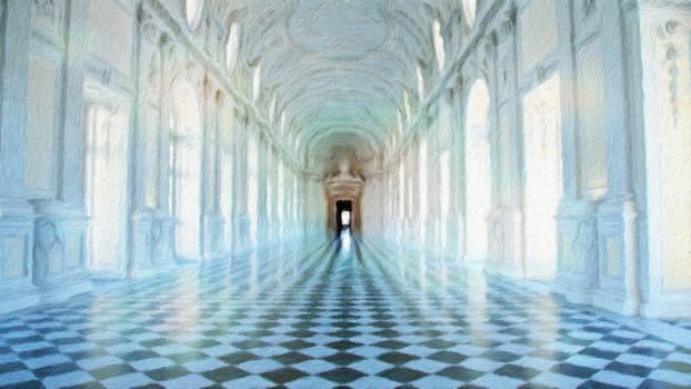 Creative illustration of Reggia di Venaria Reale gallery - Italy. Luxury marbles in baroque Royal Palace