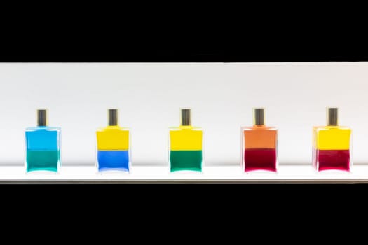 Parfume bottles collection. Series of glass containers, cosmetic product concept