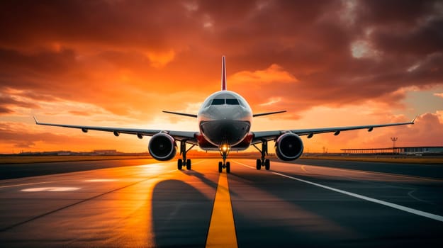 Plane on the runway with a setting sun, low angle front view. Airplane is ready to take off at the sunset.AI generated