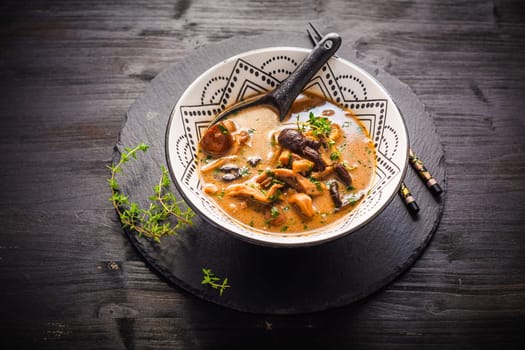 Homemade miso mushroom soup with coconut milk, with assorted edible mushrooms