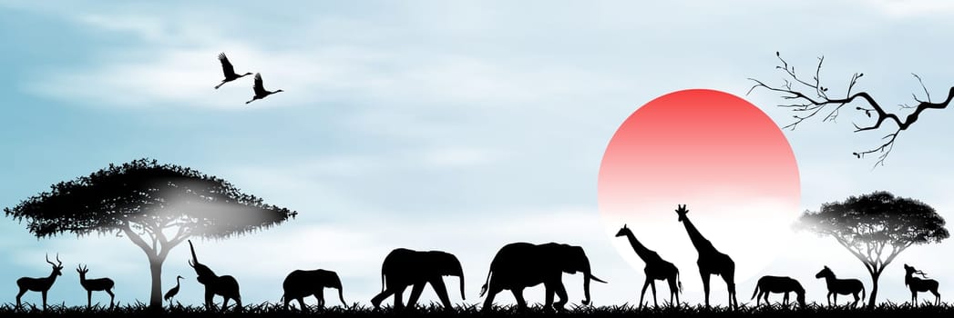 Silhouettes of wild animals against the backdrop of the rising sun and blue sky with clouds.