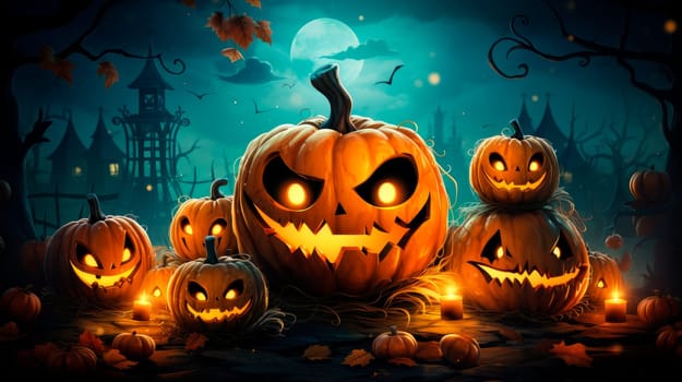 Halloween abstract funny pumpkins in the dark night under the moonlight. Halloween theme with pumpkins at Halloween night. AI generated