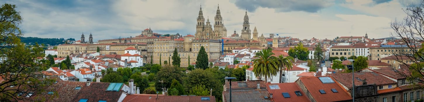 Panorama View on city skyline of Santiago de Compostela in Galicia, Spain. View on Cathedral
