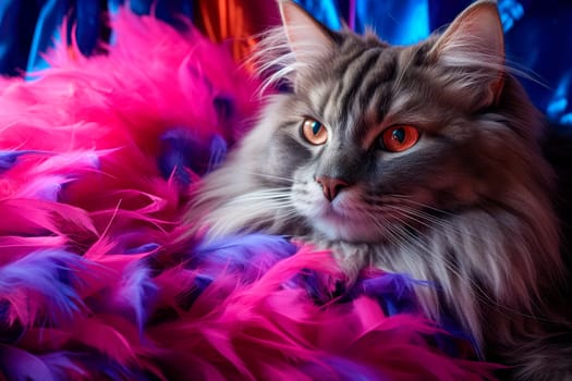 Close-up portrait of a cat with a fashionable purple and blue feather dress. AI generated