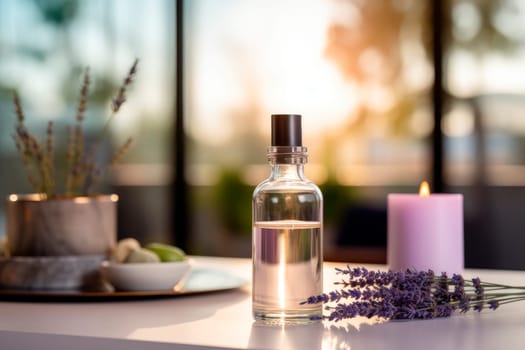 A bottle of essential oil with fresh blooming lavender twigs. Oil from a Lavender flowers. AI generated